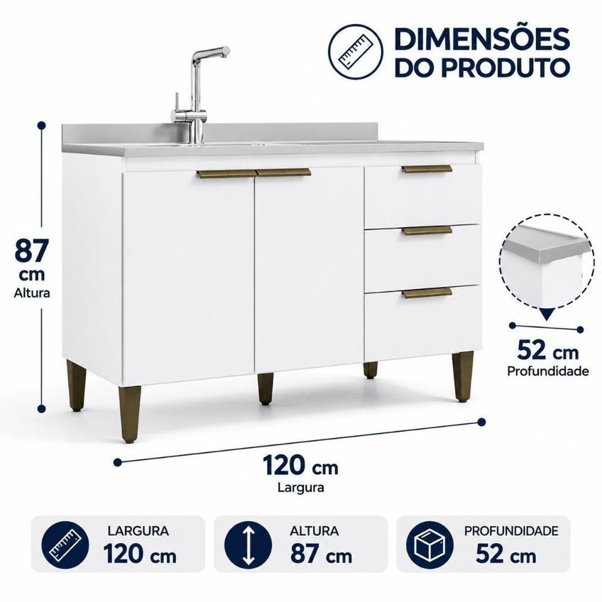 Balcão De Cozinha Ana 2 Portas 3 Gavetas 120cm Branco J Carvalho Móveis - imagem 5