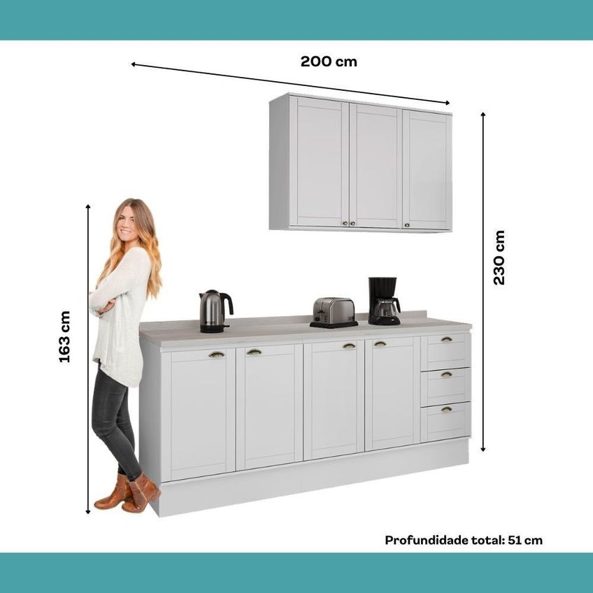 Cozinha Completa Com Balcão Milla Ivory 7 Portas 3 Gavetas MDF 200cm Branco - imagem 5