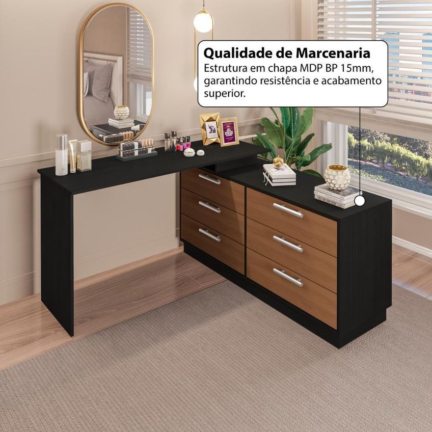 Penteadeira Em L Crrui-cmo004 6 Gavetas Flex Mdp Preto-madeirado Fosco Multimóveis - imagem 4