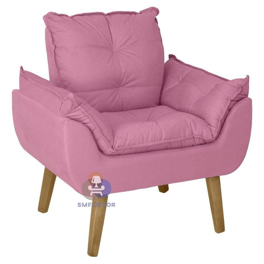 Kit 02 Poltrona Decorativa Com Puff Glamour Opala Suede Fibra Siliconada Rosê SMF Decor - imagem 4