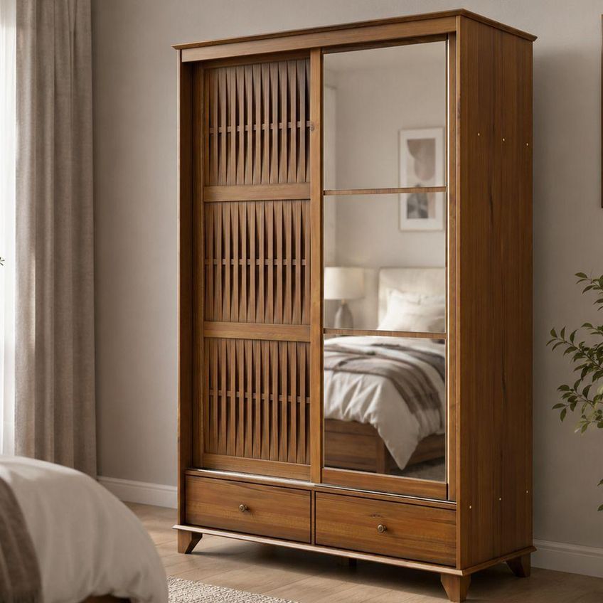 Guarda Roupa Casal Lux 2 Portas Correr 2 Gavetas Madeira Espelho Ipê Texturizado Móveis Retrô - imagem 3