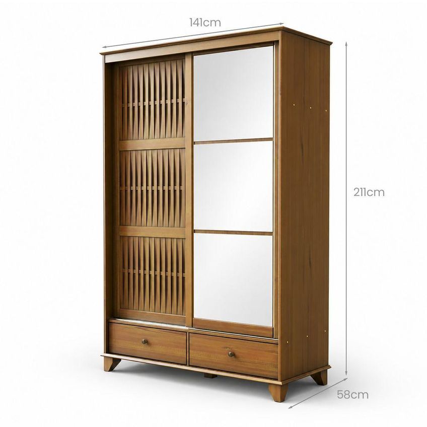 Guarda Roupa Casal Lux 2 Portas Correr 2 Gavetas Madeira Espelho Ipê Texturizado Móveis Retrô - imagem 4