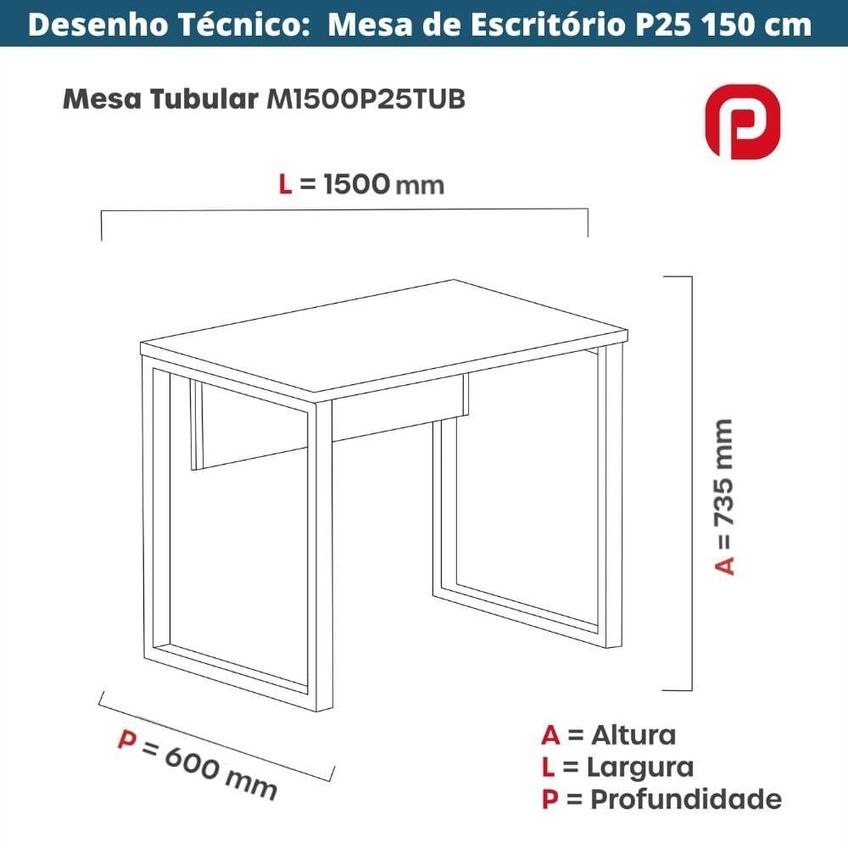 Mesa De Trabalho Retangular P25 Tub Contemporânea Mdp 150cm Nogueira Casablanca Azul Del Rey Pandin - imagem 5