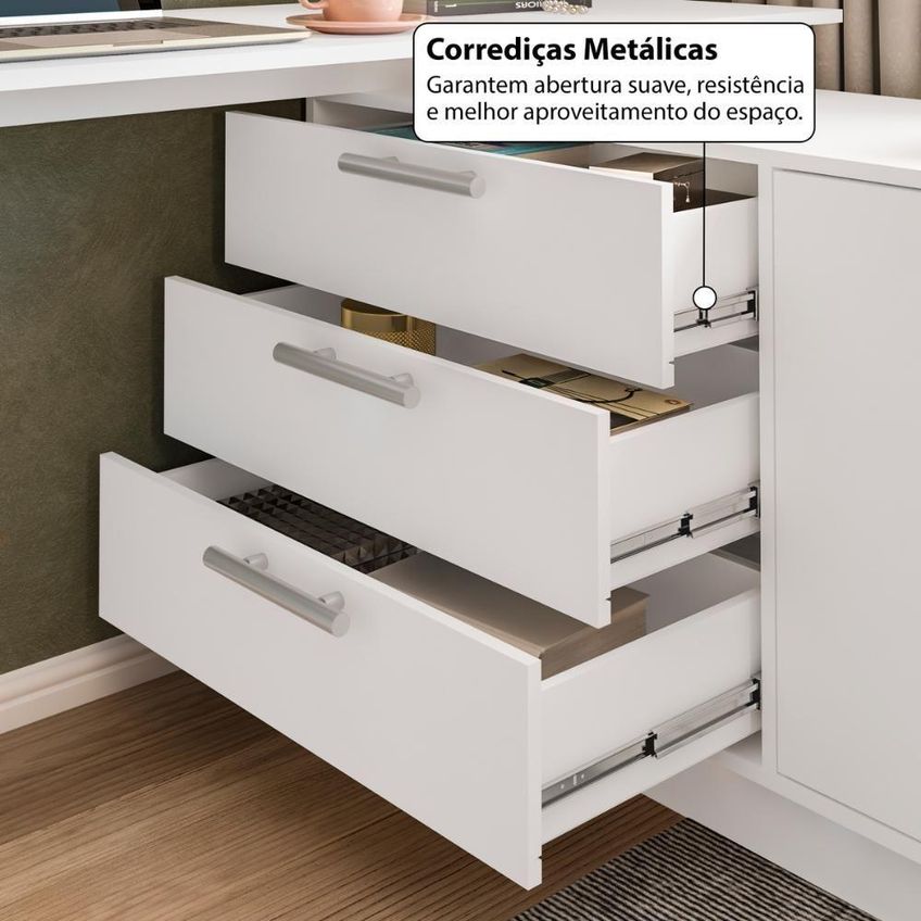 Escrivaninha Em L CRRUI-ESC005 Moderno 3 Gavetas MDP 142cm Branco - imagem 3