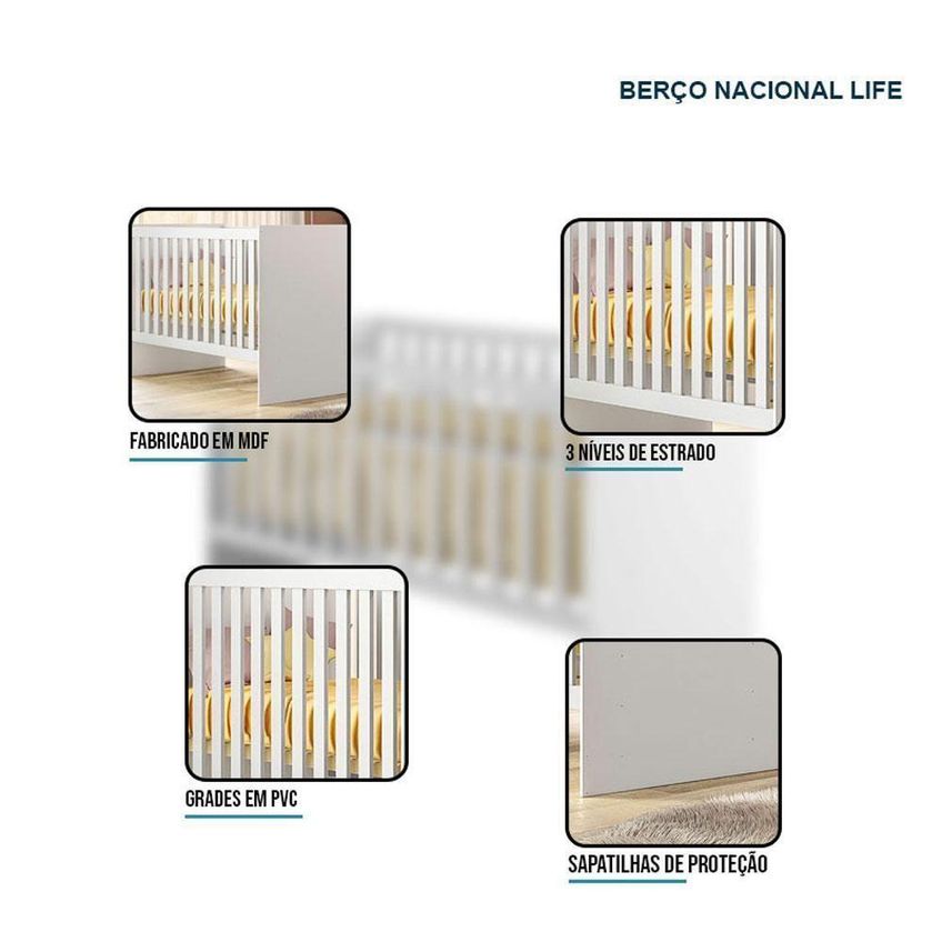 Quarto De Bebê Com Berço Nacional Life 2186 Convencional E Guarda Roupa Mdf Branco Cinamomo Albatroz - imagem 3