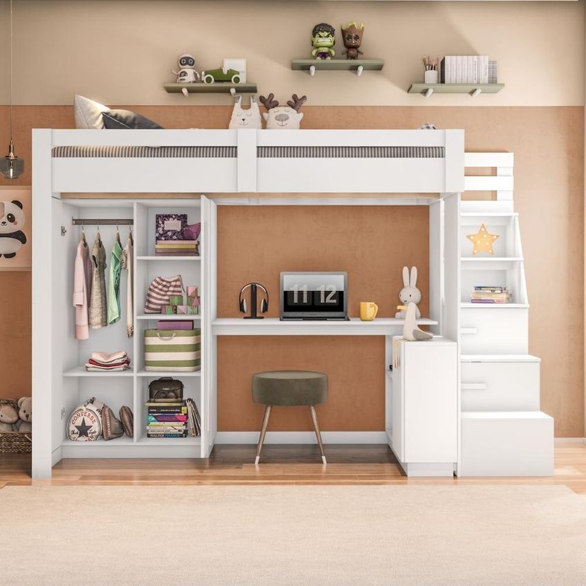 Cama Infantil Alta Com Guarda Roupa 2 Portas E Escrivaninha Crrui-cam011 Branco Multimóveis - imagem 4