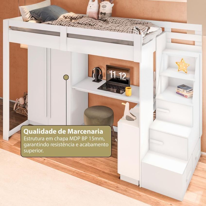 Cama Infantil Alta Com Guarda Roupa 2 Portas E Escrivaninha Crrui-cam011 Branco Multimóveis - imagem 5