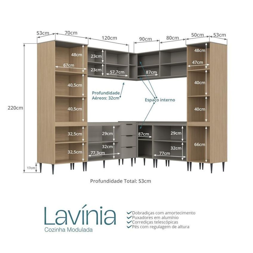 Cozinha Modulada De Canto Lavinia 16 Portas MDP 8 Peças Imperial Fume Bege J Carvalho Móveis - imagem 5