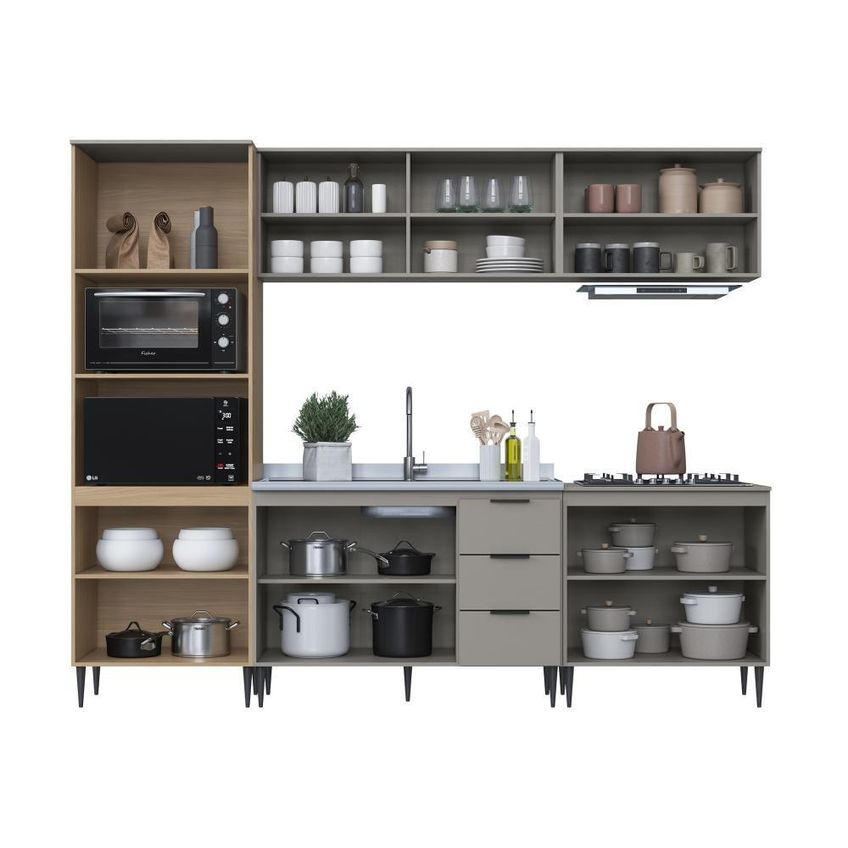 Cozinha Completa Modulada Lavinia 10 Portas 3 Gavetas Mdp 270cm Bege Imperial E Fumê J Carvalho - imagem 3
