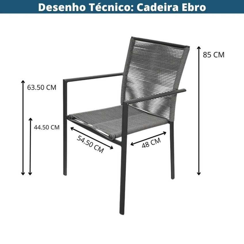 Cadeira Empilhável Área Externa Ebro Alumínio Corda Náutica Preta Or Design - imagem 4