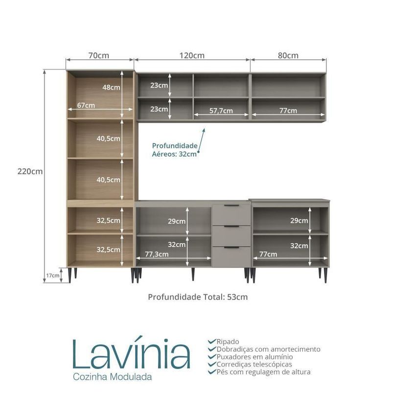 Cozinha Completa Modulada Lavinia 10 Portas 3 Gavetas Mdp 270cm Bege Imperial E Fumê J Carvalho - imagem 4
