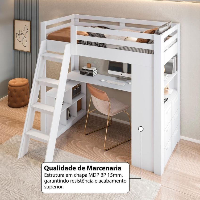 Cama Solteiro Alta Com Escrivaninha E 6 Gavetas Branco Mdf Mdp Crrui-cam013 Multimóveis - imagem 3