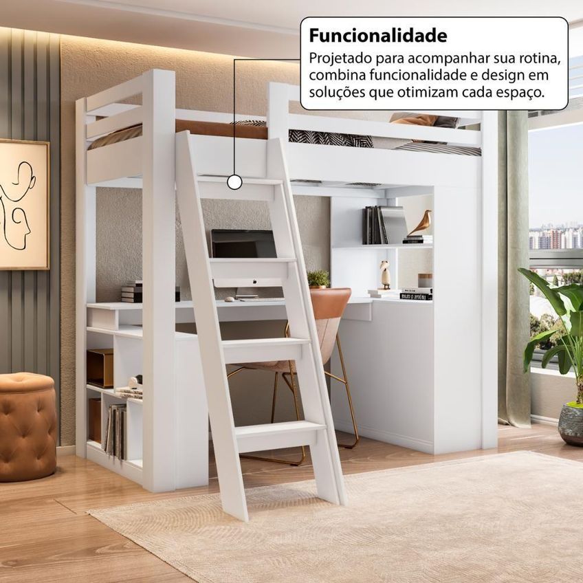 Cama Solteiro Alta Com Escrivaninha E 6 Gavetas Branco Mdf Mdp Crrui-cam013 Multimóveis - imagem 4