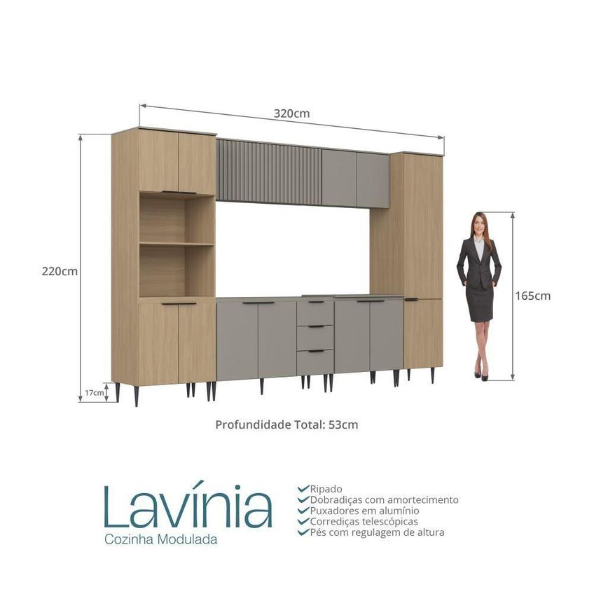 Cozinha Completa Lavinia 13 Portas 3 Gavetas MDP Bege Imperial e Fume J Carvalho - imagem 5