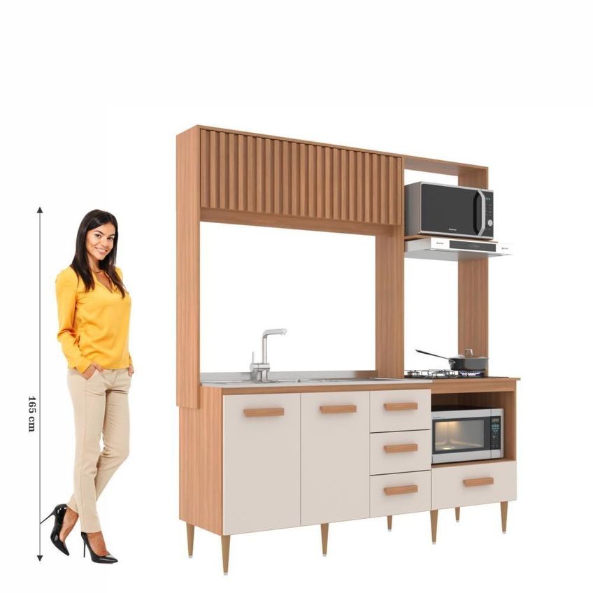 Cozinha Compacta Celine 4 Portas 3 Gavetas Mdp 185cm Freijó E Off White - imagem 3