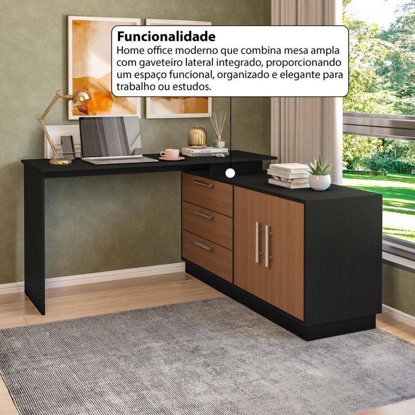 Escrivaninha Em L CRRUI-ESC005 Moderno 3 Gavetas MDP Preto-Madeirado Multimóveis - imagem 2