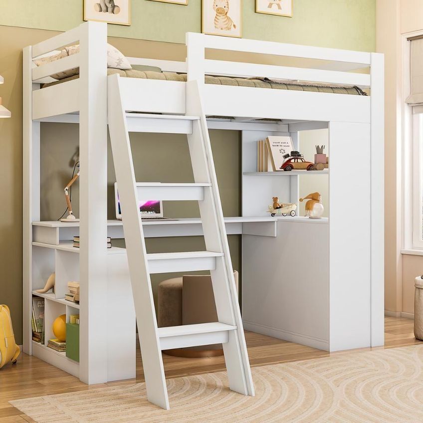 Cama Infantil Alta Com Escrivaninha Crrui Cam007 6 Gavetas Grade De Proteção Mdp Branco Fosco - imagem 3