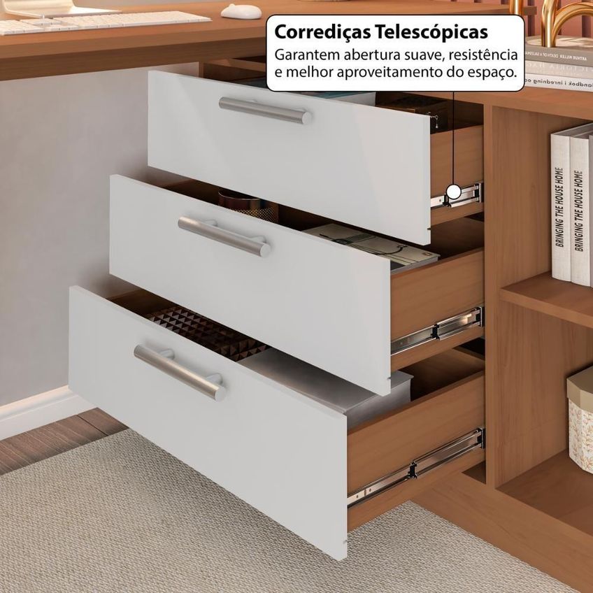 Escrivaninha Em L Crrui-esc008 Moderno 3 Gavetas Mdf Mdp Madeirado Branco Multimóveis - imagem 3