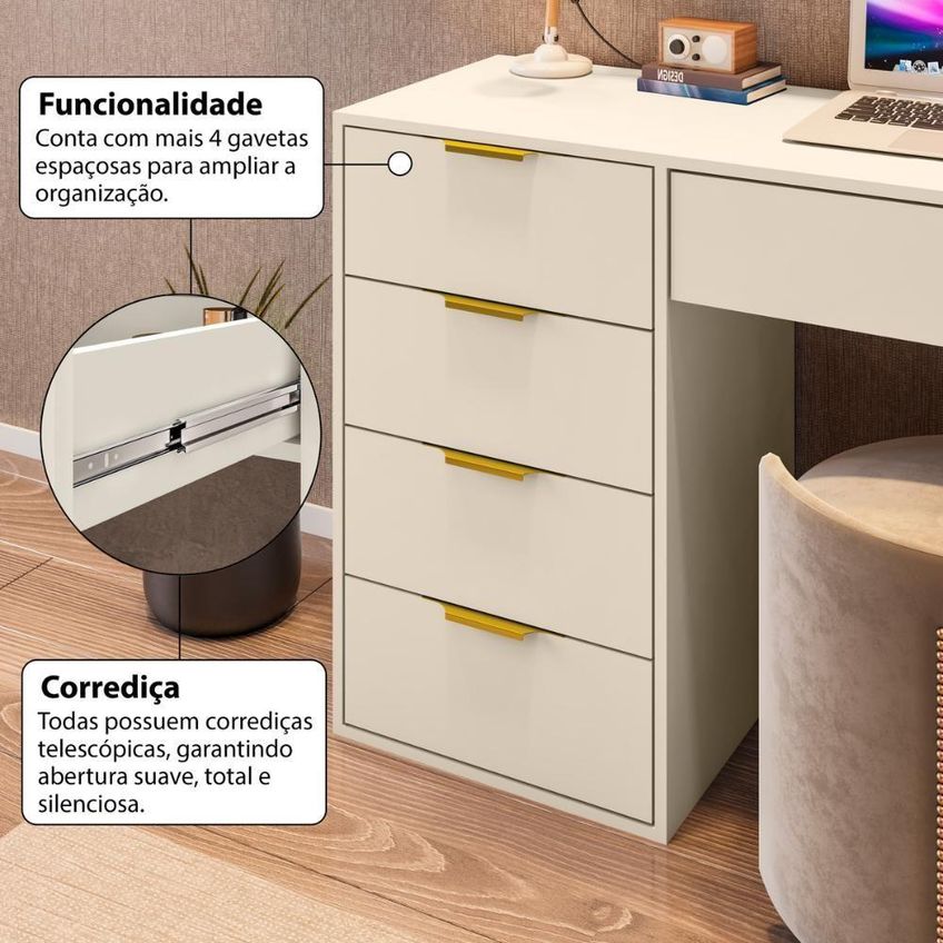Escrivaninha CRRUI-ESC010 Moderno 5 Gavetas 136cm Off White Multimóveis - imagem 4