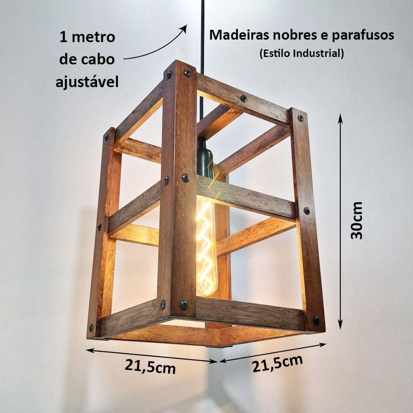 Luminária De Teto Pendente Luminária Teto Estilo Industrial Madeira Nobre Nog Marrom Bivolt - imagem 3