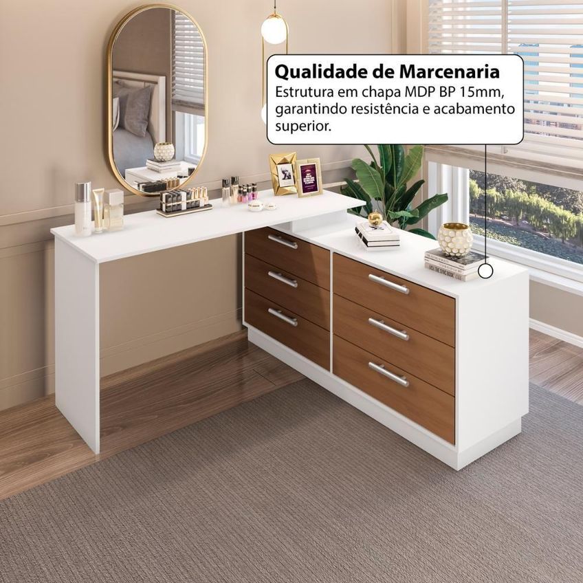 Penteadeira Em L Crrui-cmo004 6 Gavetas Flex Mdp Branco-madeirado Fosco Multimóveis - imagem 3