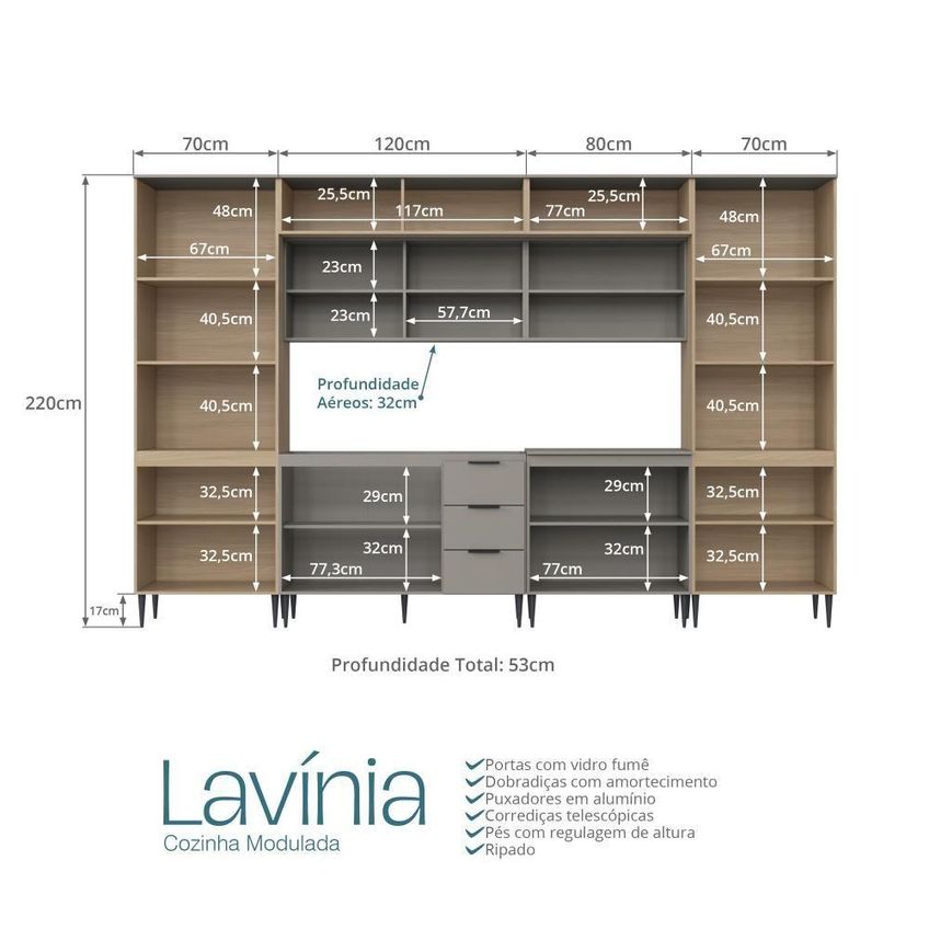 Cozinha Completa Lavinia 8 Peças 16 Portas 3 Gavetas Imperial E Fumê J Carvalho Móveis - imagem 5