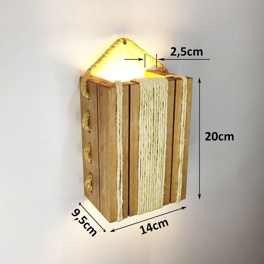 Luminária De Parede Muro Arandela Madeira Maciça Sisal Rústica Led Amarela 110v - imagem 3