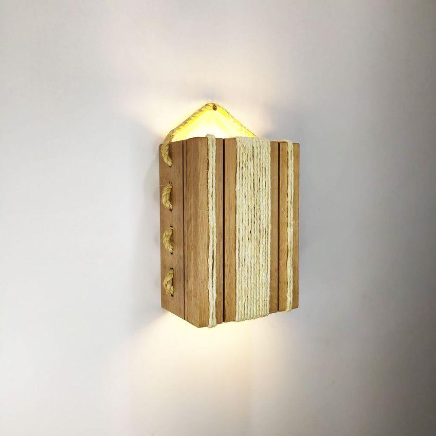 Luminária De Parede Muro Arandela Madeira Maciça Sisal Rústica Led Amarela 110v - imagem 4