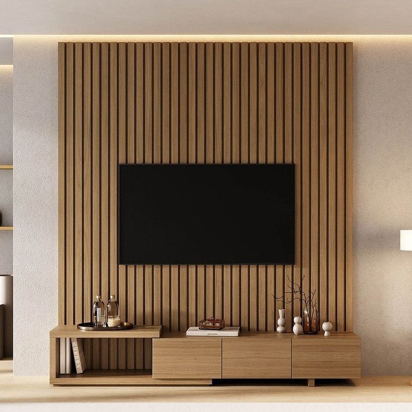 Rack Extensível Com Painel Ripado Tv 75 Polegadas 200x230cm Aruá Cabecasa Madeiraoriginals Marrom Jatobá - imagem 2