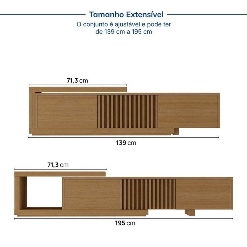 Rack Extensível Ripado Com Painel Tv 75 Polegadas 200x180cm Aruá Cabecasa Madeiraoriginals Marrom Jatobá - imagem 5