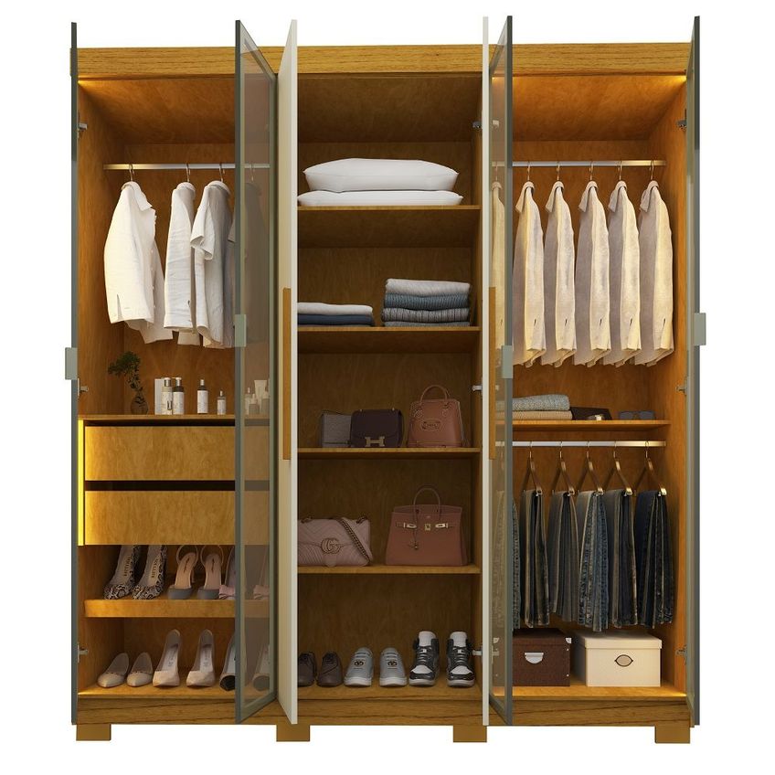 Guarda Roupas Roupeiro Casal Gelius Império 6 Portas Com 4 Portas Reflecta Led E Pés Naturale Off White - imagem 5