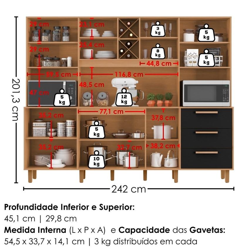 Kit Cozinha 8 Portas 3 Gavetas 242 Cm Polar Cinamomo Preto Zanz - imagem 3