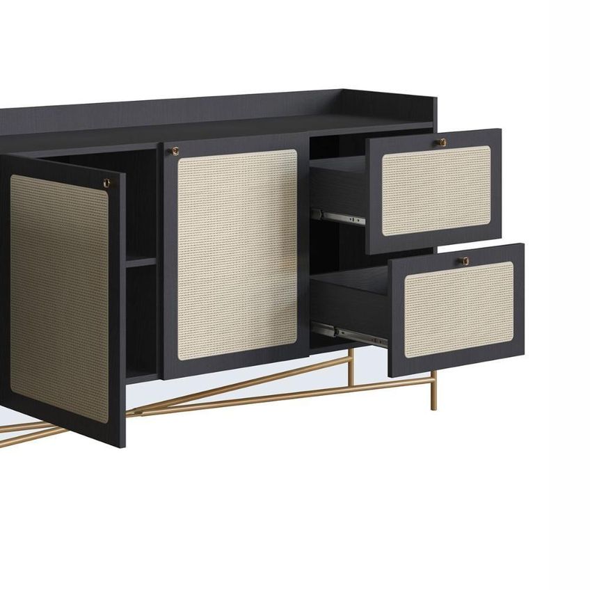 Buffet Industrial Retrô Tela Sintética 3 Portas 2 Prateleiras Mdp 183cm Nero Com Dourado - imagem 3
