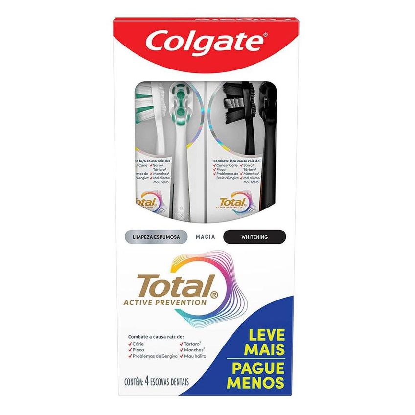 Kit Colgate Total Active Prevention 2 Escovas Dentais Limpeza Espumosa + 2 Whitening Macias - imagem 2