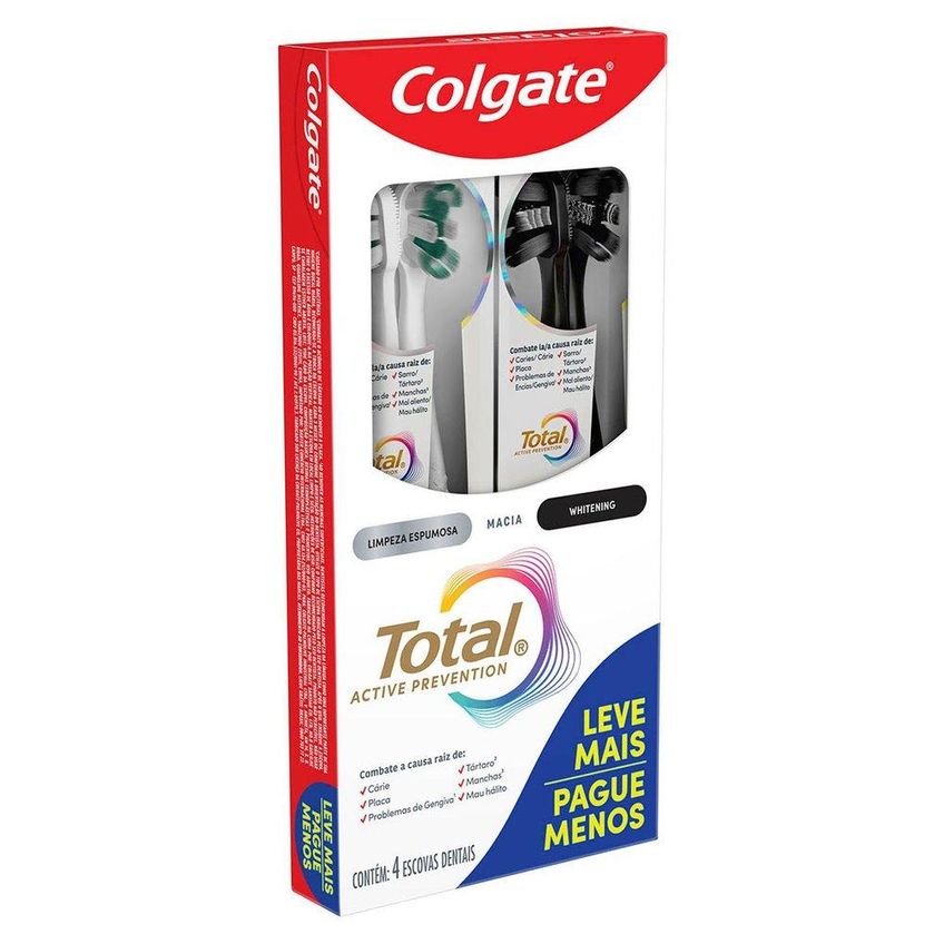 Kit Colgate Total Active Prevention 2 Escovas Dentais Limpeza Espumosa + 2 Whitening Macias - imagem 3