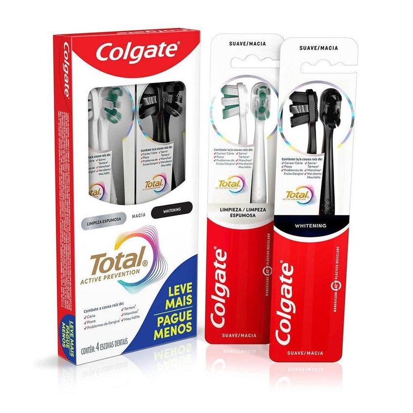 Kit Colgate Total Active Prevention 2 Escovas Dentais Limpeza Espumosa + 2 Whitening Macias - imagem 4