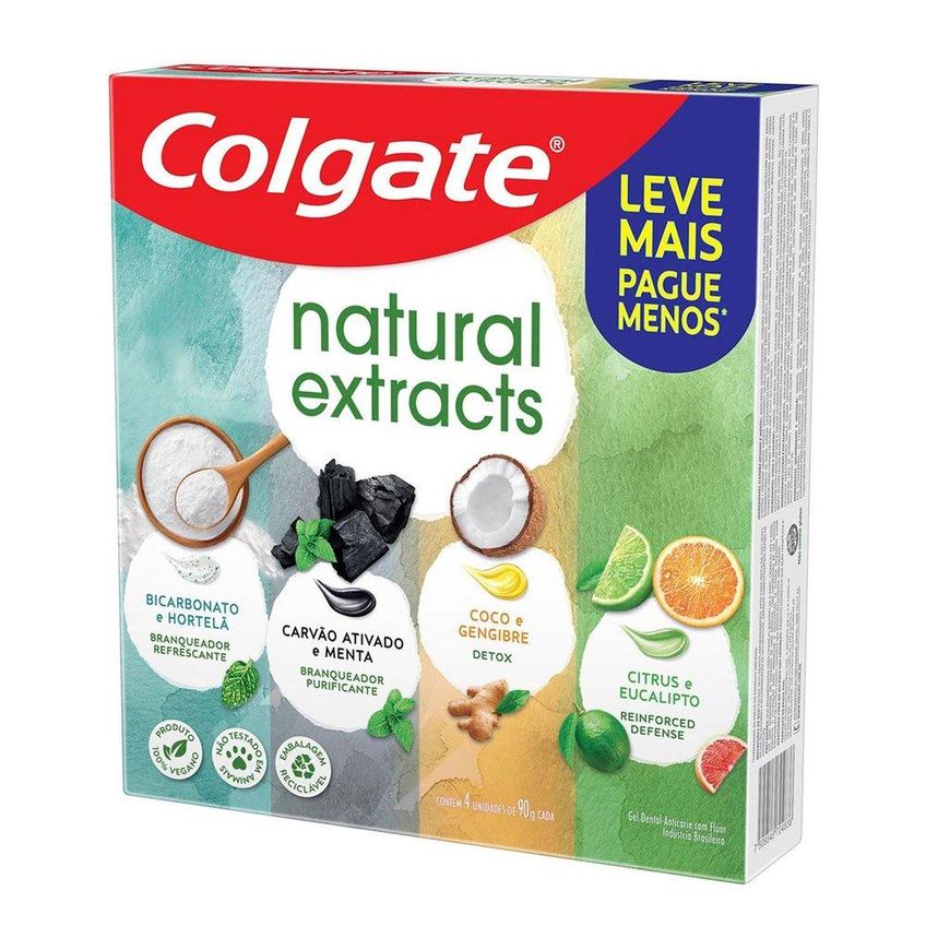 Kit Gel Dental Colgate Natural Extracts Carvão Ativado Menta + Bicarbonato E Hortelã + Coco E Gengibre + Citrus E Eucalipto 90g Cada - imagem 3