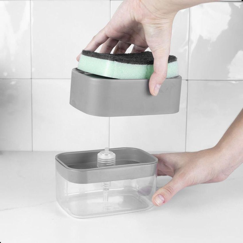 Dispenser Para Detergente Porta Esponja Plástico Cozinha Bege 550ml Ou - imagem 3