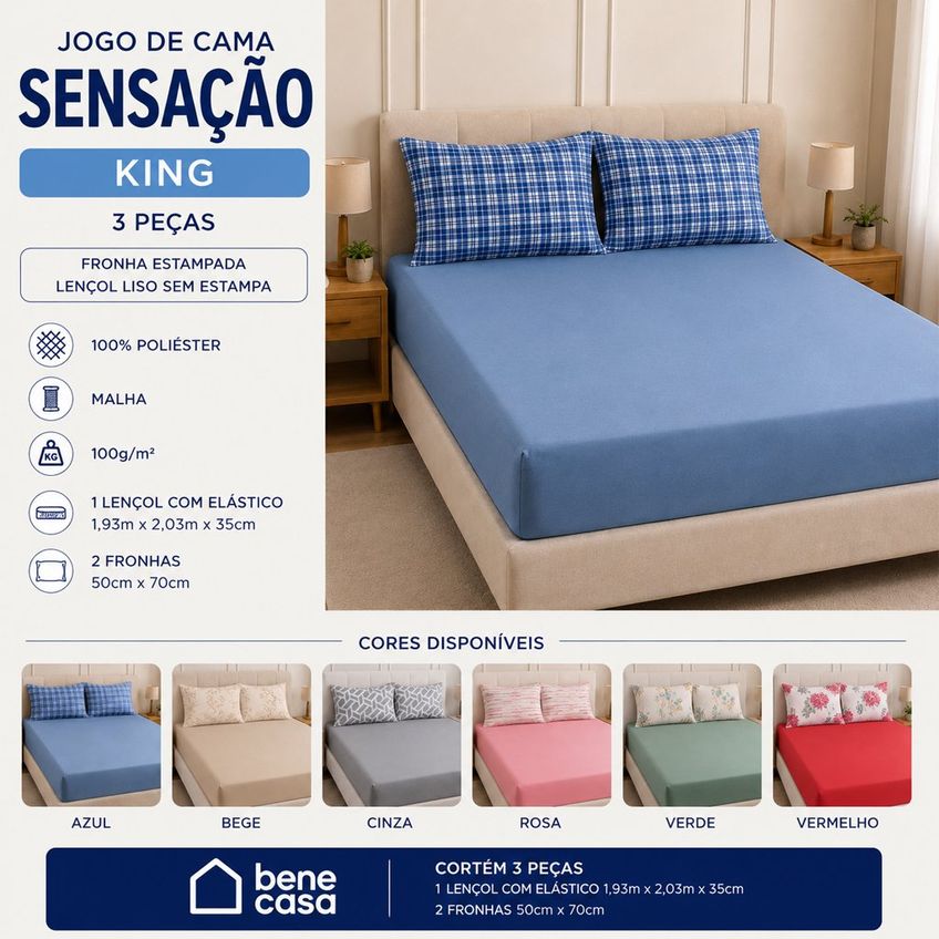Jogo De Cama King Sensação 3 Pçs Malha 100% Poliéster 193x203x35cm Bene Casa Bege - imagem 2