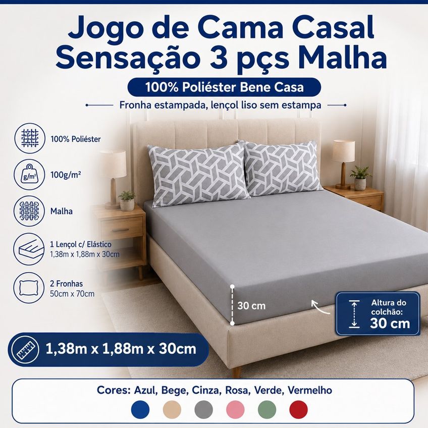 Jogo De Cama Casal Sensação 3 Pçs Malha 100% Poliéster 138x188x30cm Bene Casa Bege - imagem 2