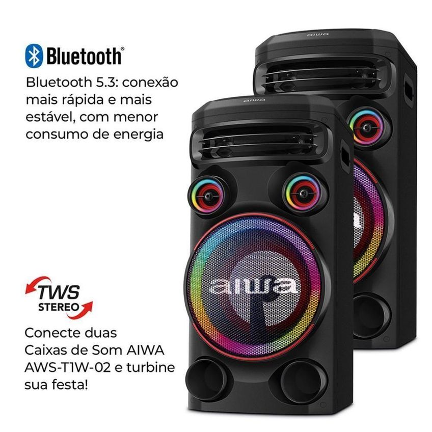 Torre De Som Aiwa Aws-t1w-02 1600w Estéreo Bluetooth 5.3 Usb Aux Rca Led Rgb Preto - imagem 3