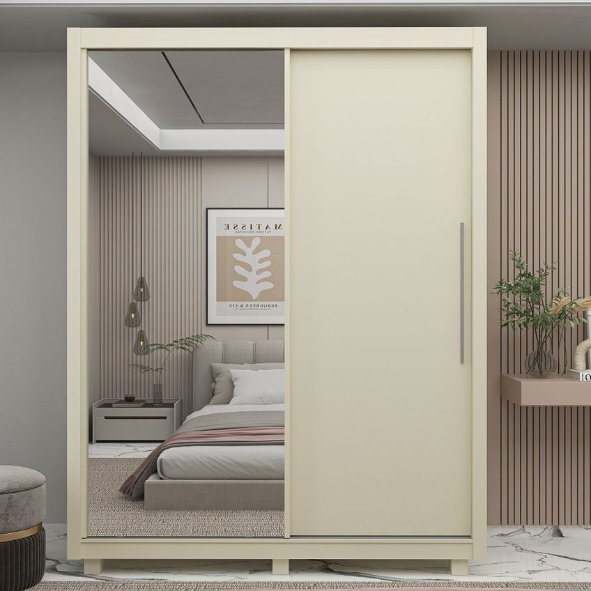 Guarda Roupa Solteiro Gelius Royale 2 Portas De Correr 3 Gavetas Com Espelho Pés Off White - imagem 3