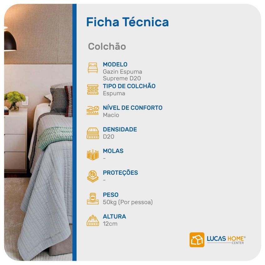 Colchão A Vácuo Solteiro De Espuma D20 Gazin Supreme 78x188x12cm - imagem 3