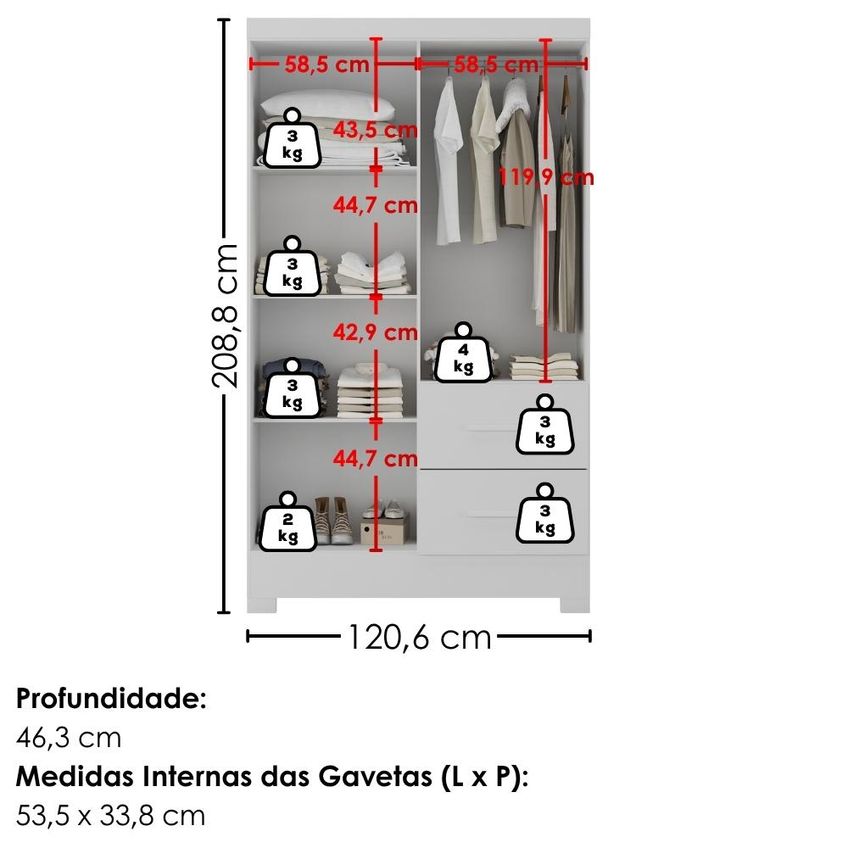Guarda Roupa Solteiro 4 Portas Com Espelho Primor 121x209 Cm Branco Absoluto Zanz - imagem 3
