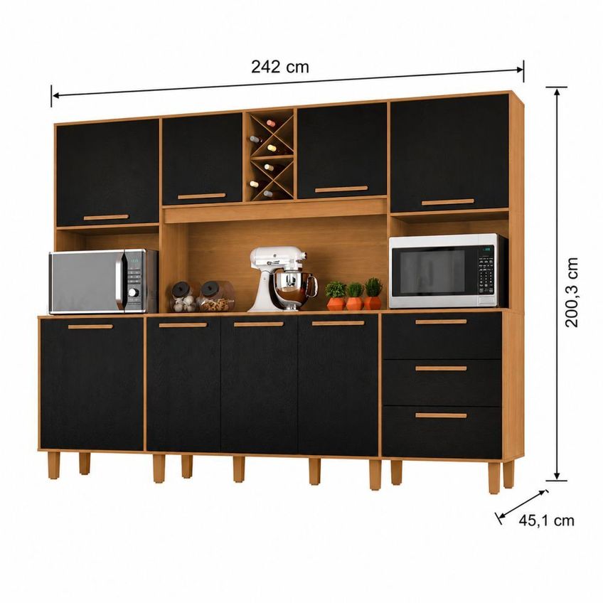 Armário De Cozinha Zanzini Apollo 8 Portas 3 Gavetas Espaço Para Forno E Micro-ondas Largura De 242 Cm Cinamomo Preto - imagem 4