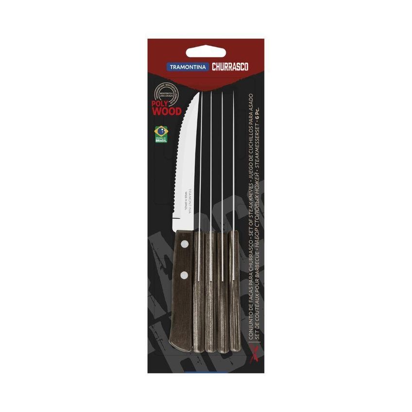Conjunto De Facas Para Churrasco Aço Inox Cabo Castanho Polywood 6 Peças Tramontina - imagem 2