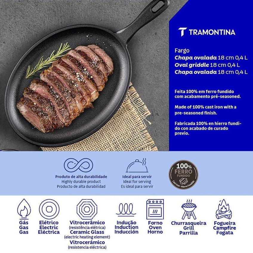 Chapa Oval de Ferro Fundido Fargo Selar Carnes Acabamento Pre-Seasoned Cozinha Tramontina 0,4l - imagem 5