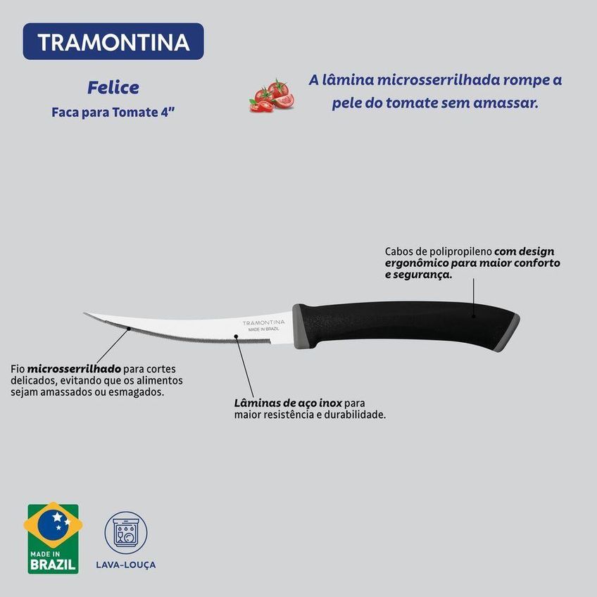 Conjunto De Facas Para Tomate Felice Aço Inox Cabos Polipropileno Preto 2 Peças Tramontina - imagem 4