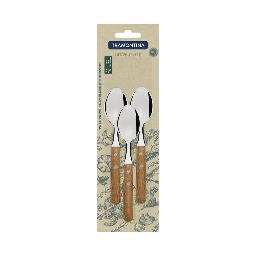 Conjunto 3 Colheres Para Chá Dynamic Aço Inox E Madeira Natural Tramontina - imagem 3