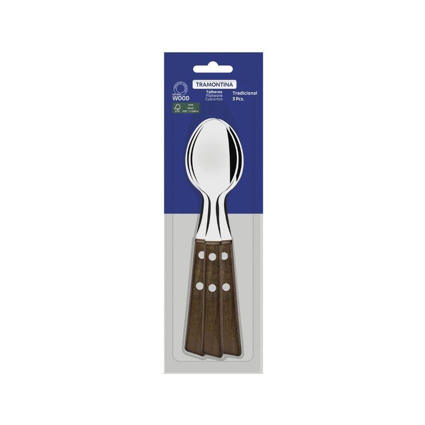Conjunto 3 Colheres De Mesa Tradicional Aço Inox Madeira Tramontina - imagem 2
